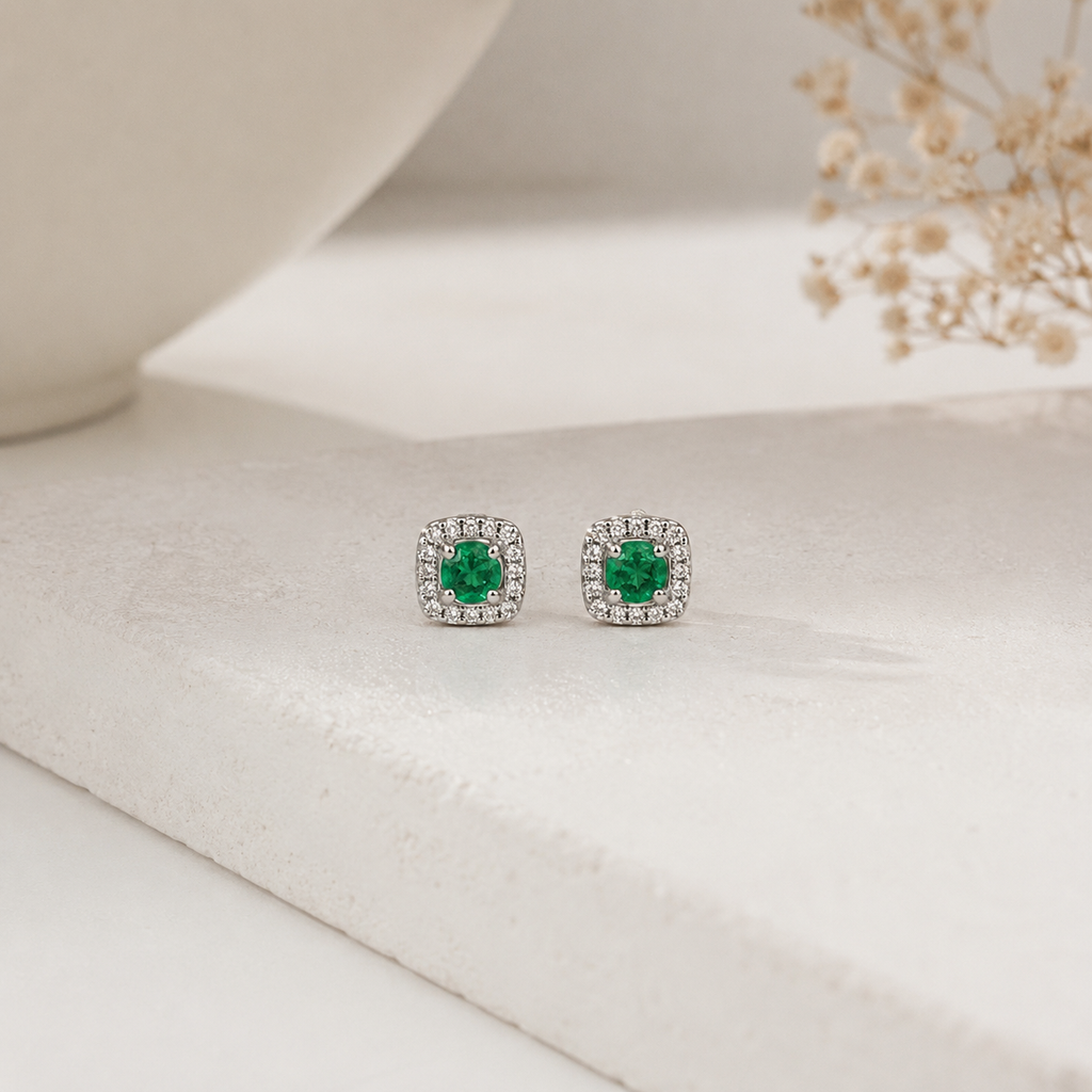 Square Colombian Emerald Stud Earrings – 925 Sterling Silver