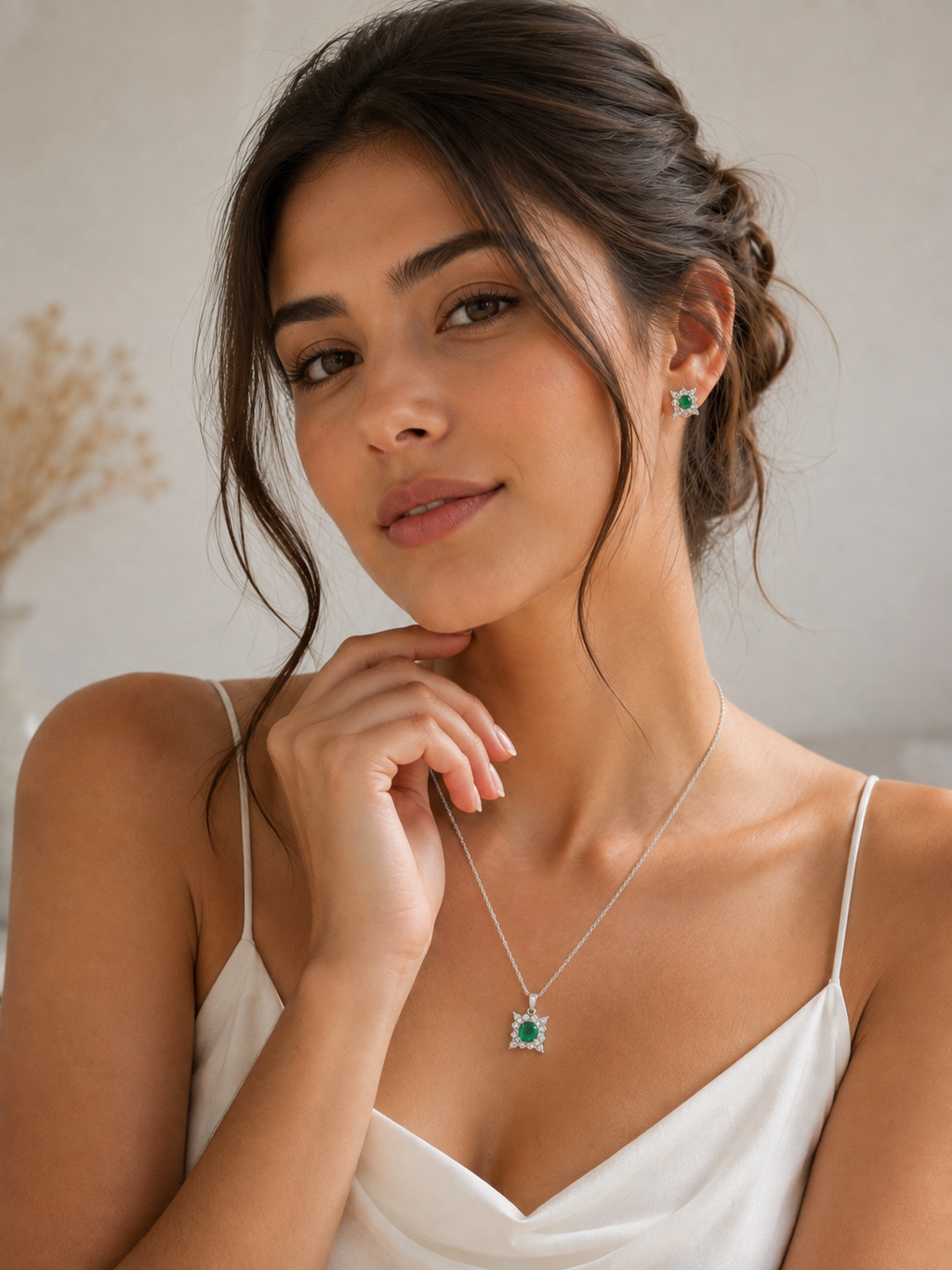 Muzo Colombian Emerald 925 Sterling Silver Jewelry Set – 3 mm Earrings & 5.5 mm Pendant