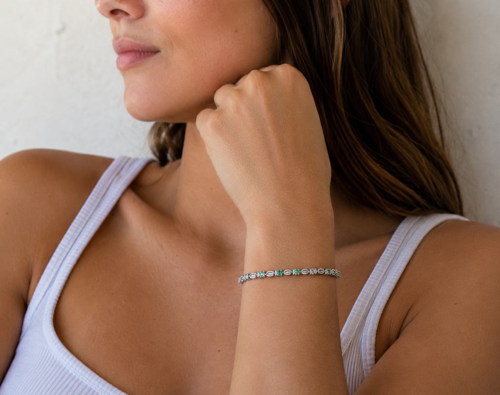 Colombian Emeralds Bracelet - 3.56 mm · Zircon Accents · 925 Sterling Silver
